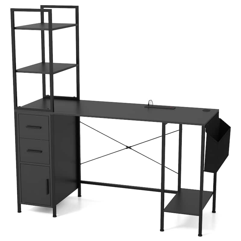 Small Computer Desk with Storage Shelves Modern Writing Table for Home Office in White or Black Engineered Wood - Black