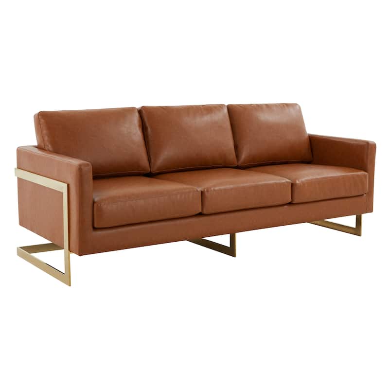 LeisureMod Lincoln Modern Upholstered Leather Sofa with Gold Frame - 83" - Cognac Tan