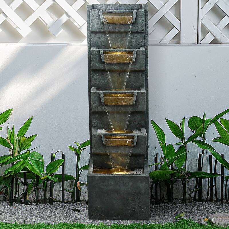 39.3in H Modern Outdoor Water Fountain Indoor Cascading Fountains - Floor - Polyresin - Grey