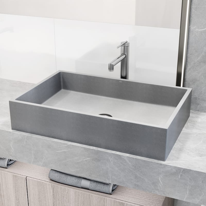 VIGO Orvieto 24"L x 15"W Concrete Vessel Sink and Sterling 11"H Faucet Set