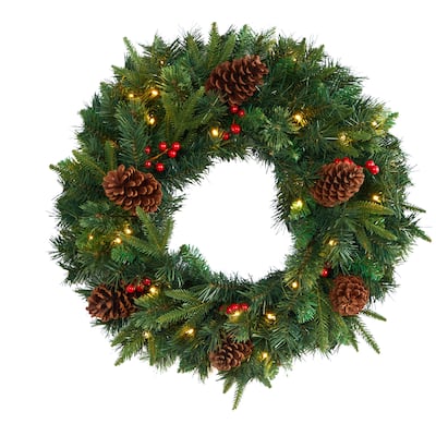24" Mixed Pine Artificial Christmas Wreath with 35 Clear LED Lights - Green