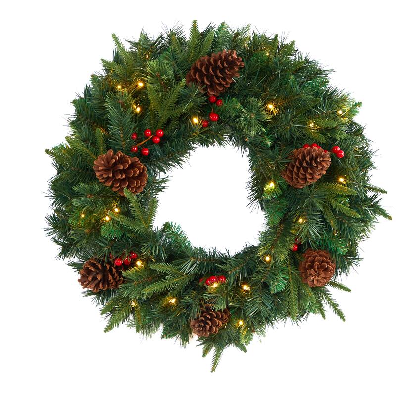 Pre-Lit Mixed Pine Artificial Christmas Wreath, 24-Inch, Clear LED Lights