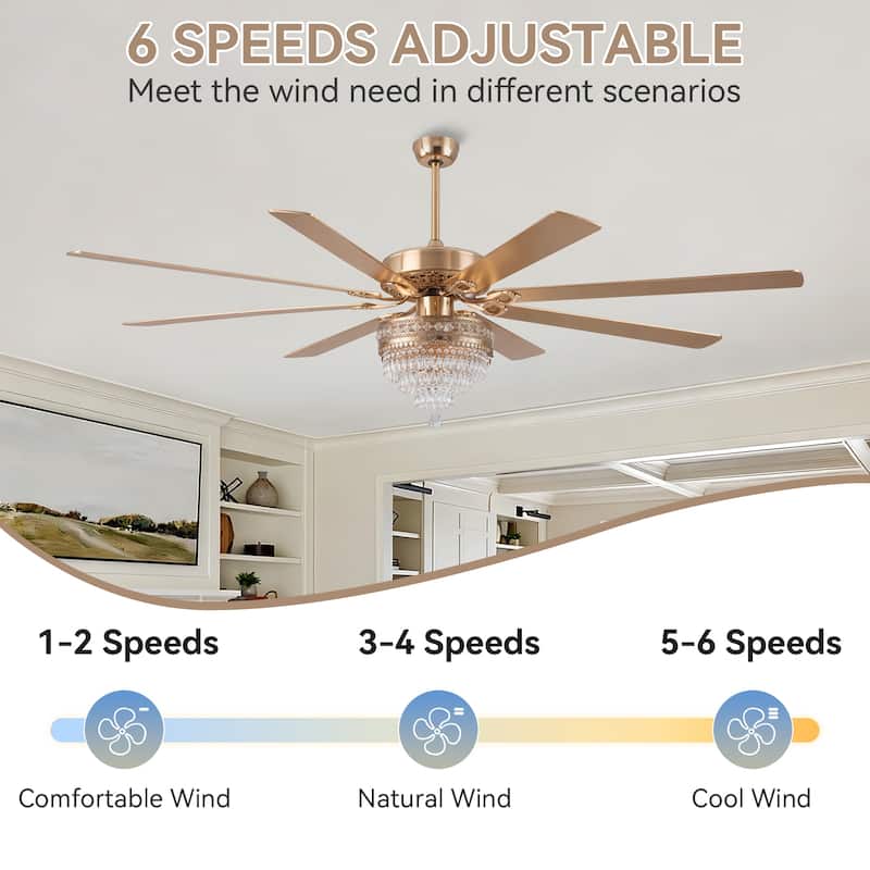 72" Crystal Ceiling Fan Fandelier with Lights and Remote Noiseless DC Motor, Retro/Farmhouse Lighting - 72 Inches
