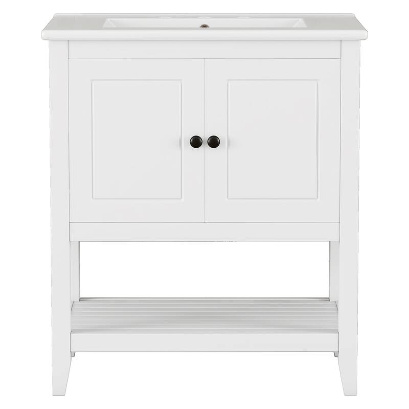 Modern Sleek Bathroom Vanity Cabinet with Elegant Ceramic Sink, Solid Wood Frame, Open Style Shelf and Door Racks