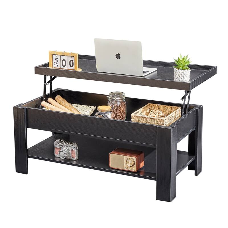 VECELO Lift Top Coffee Table with Hidden Storage and Open Shelves–Modern Center Table for Living Room and Small Spaces