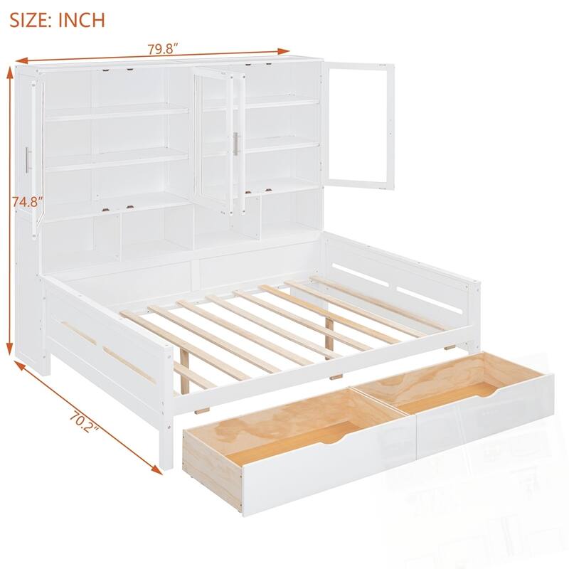 Wooden Daybed with Glass-Door Storage Cabinets Built-in LED Lighting and Shelves