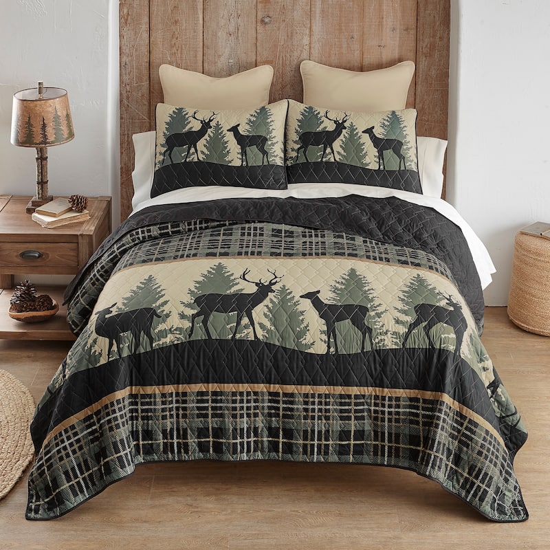 Donna Sharp Deer Walk Polyester Quilt Collection - Queen - Black/Green/Beige - 3 Piece