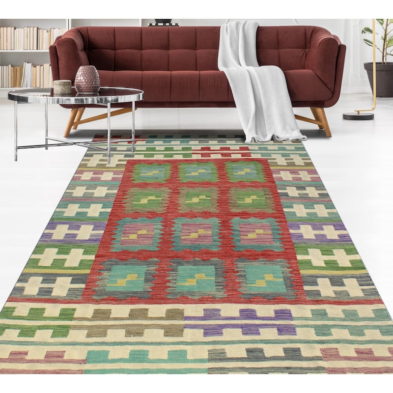 Modern Flatweave Charla Red/Green Rug - 5'8" x 8'1"