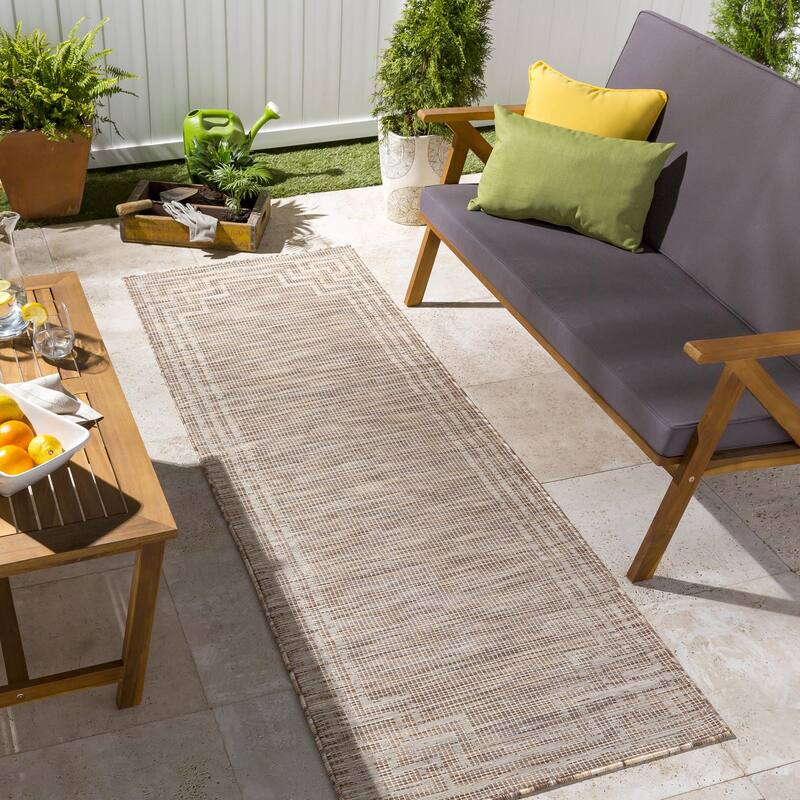 Brian Traditional Border Outdoor Area Rug - 2'6" x 7'3" - Brown/Cream