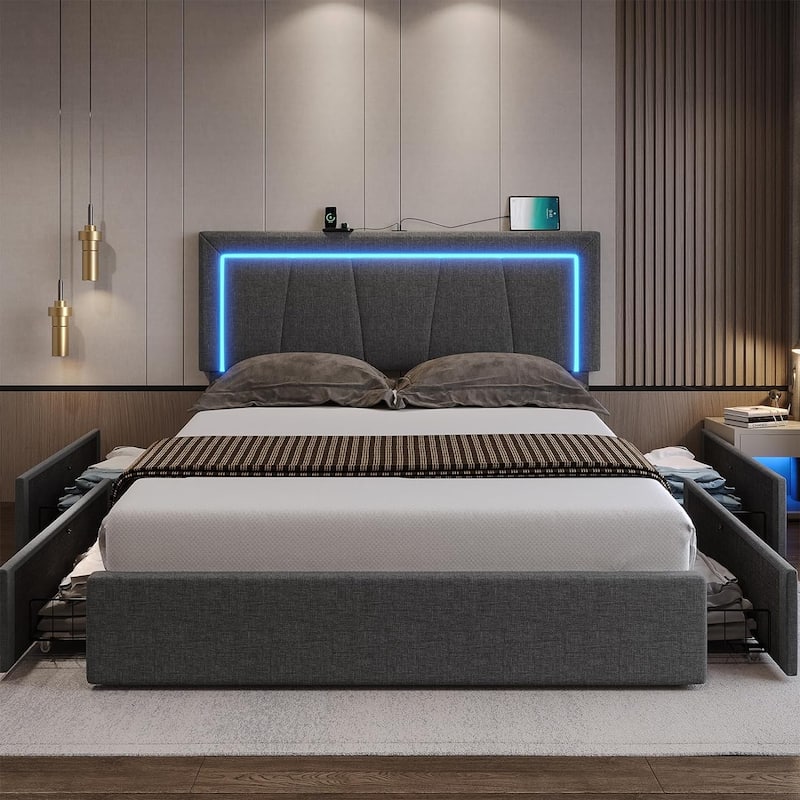 Bed Frame with 4 Storage Drawers1 USB /Type-C Charging Station