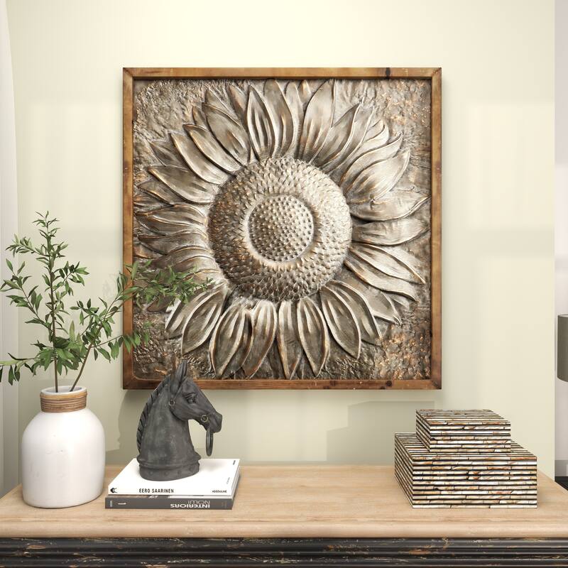 Gray Metal Sunflower Floral Home Wall Decor with Embossed Details