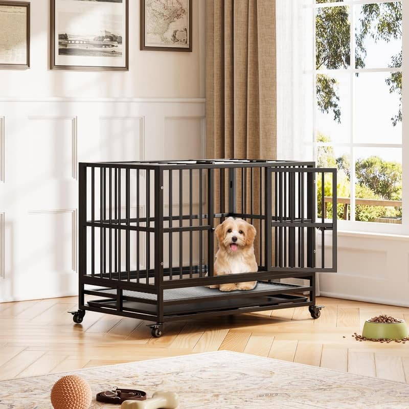 Heavy Duty Dog Crate withDouble Door Wheels ChewProof Metal Kennel for Small Dogs Easy to Assemble