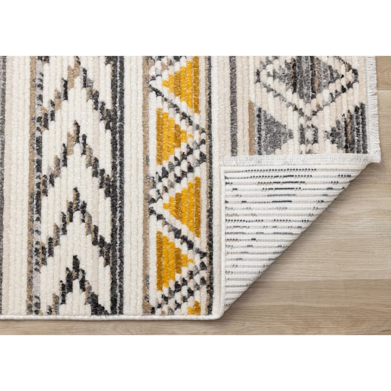 Cali Collection - Yellow/Grey/Cream Tribal Stripes Rug