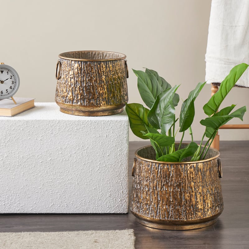 Metal Abstract Textured Planter with Gray Weathered Spots and Ring Handles - Set of 2 Brass - Roche River Decor
