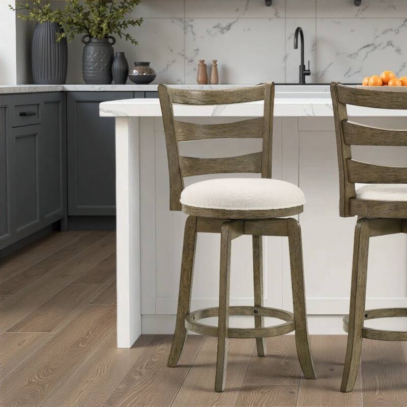 Melindra White Boucle Swivel Bar Stool, Upholstered Counter Stool with Solid Wood Legs
