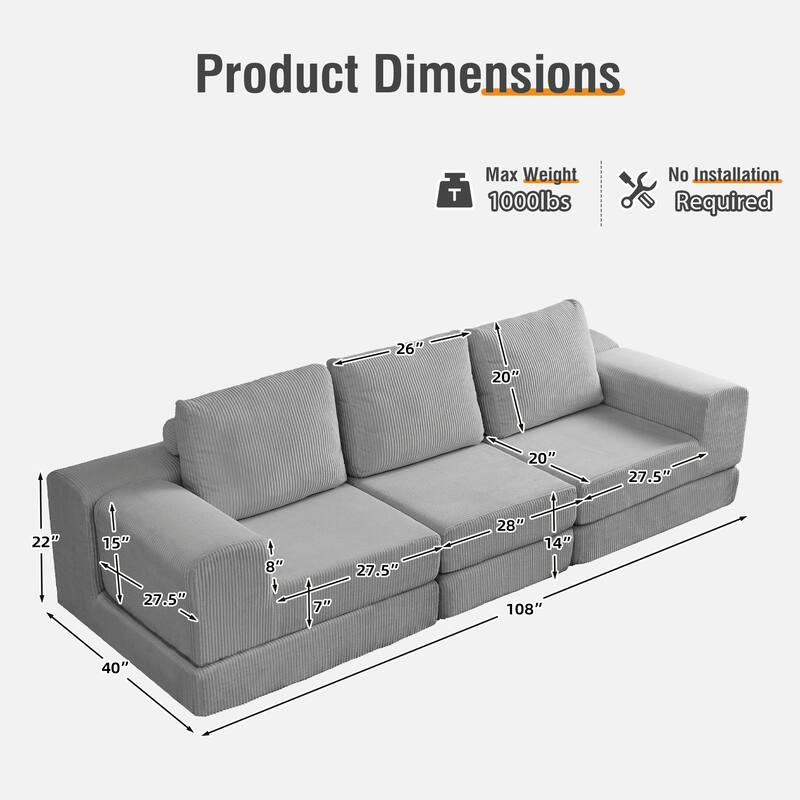 108" Corduroy Upholstered Modular Oversized 3-Seater Convertible Comfy Compressed Sofa