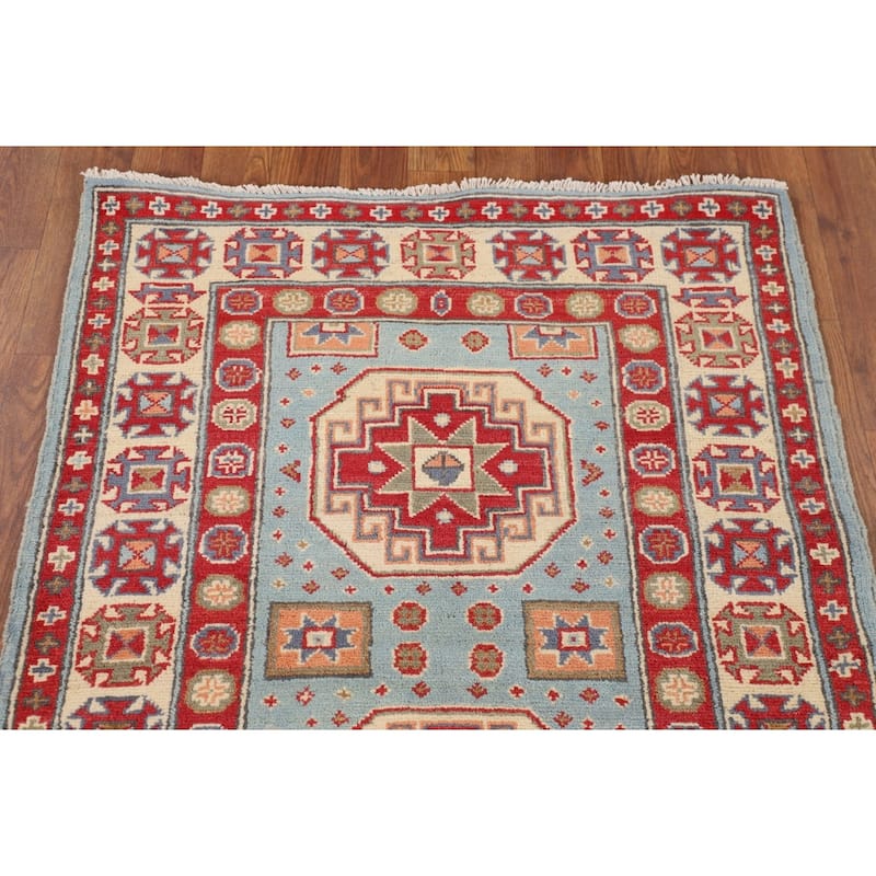 Light Blue Kazak Oriental Accent Rug Handmade Geometric Wool Carpet - 2'9" x 3'10"