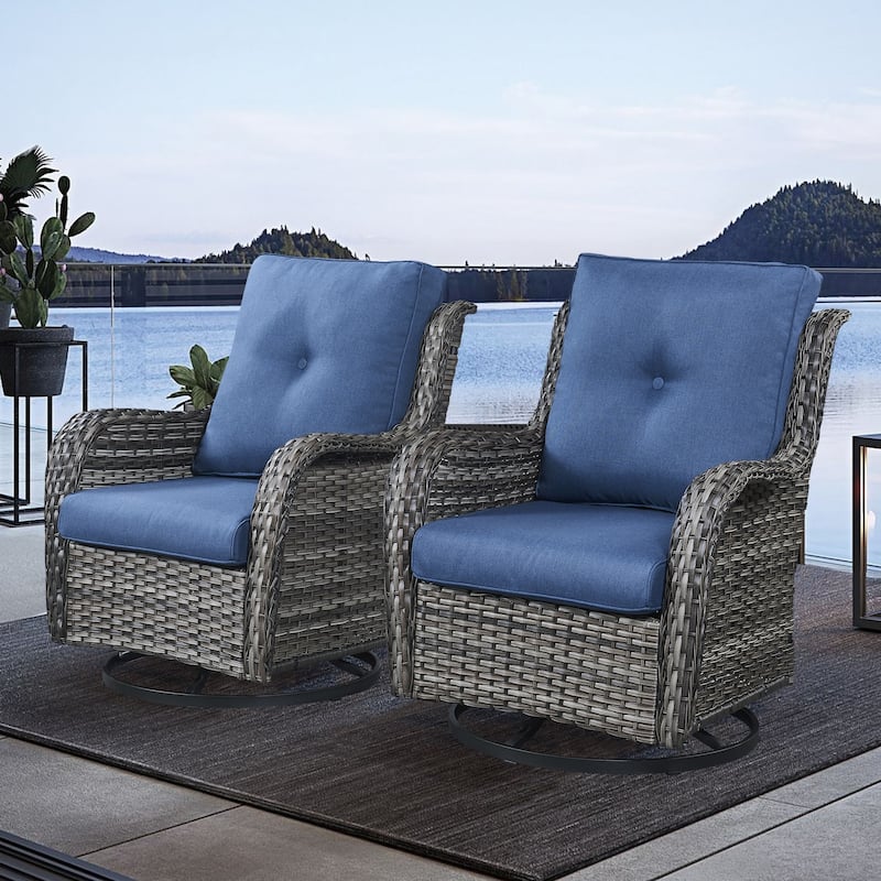 Gymojoy Outdoor Wicker Rocking Lounge Chairs with Swivel Base (Set of 2) - Grey Wicker / Blue Cushion