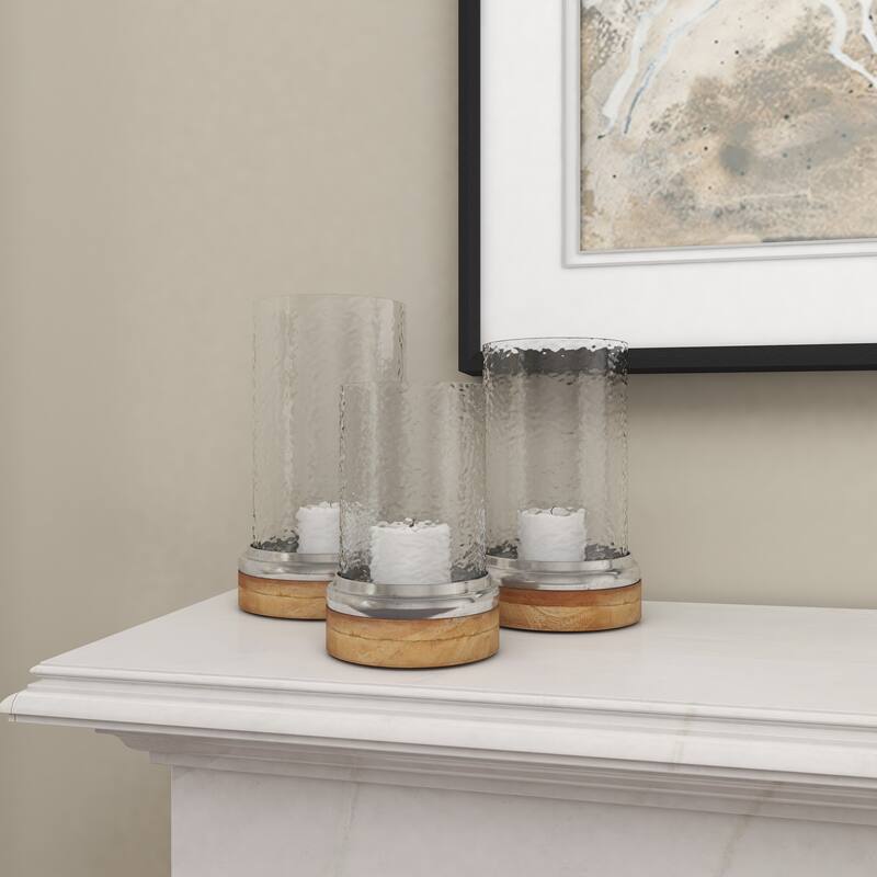 Brown Wood Pillar Hurricane Lamp with Glass Candle Holders (Set of 3)