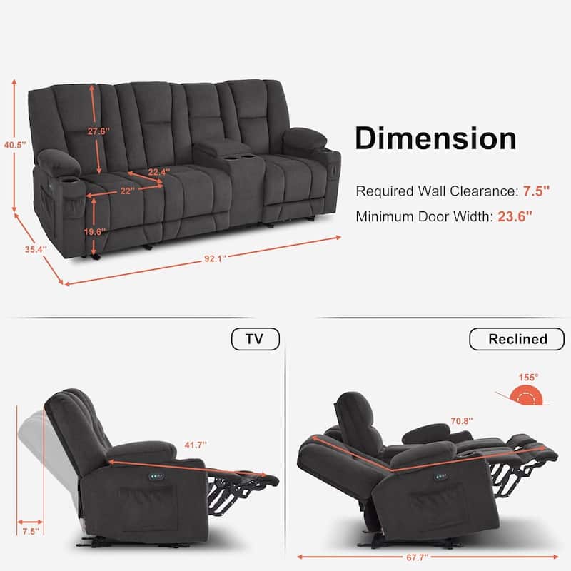 MCombo Electric Power Reclining Sofa with Massage and Lumbar Heat, Fabric 6015/6025/6035/6045
