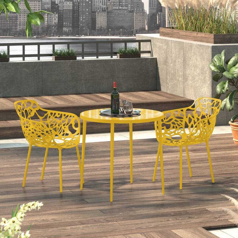 Devon Modern Floral Cutout Dining Chair with Integrated Armrest Stackable Aluminum Frame UV-Resistant Patio Chair Set of 2