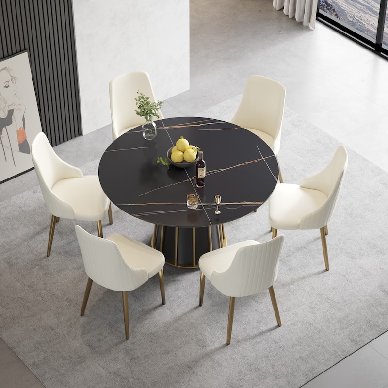 Round Metal Pedestal Dining Table Round Sintered Stone Table. - Black - 53"