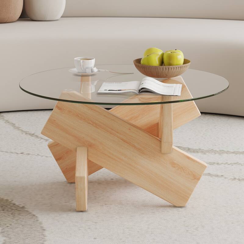 GDFStudio Marcellus Tempered Glass Coffee Table with Textured Legs