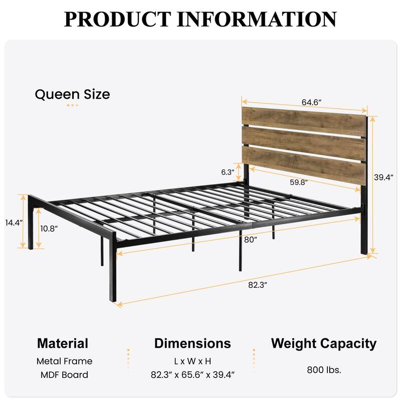 Rustic Style Platform Bed Frame Queen Size with Wood Headboard, Strong Metal Slats Support, Easy Assembly