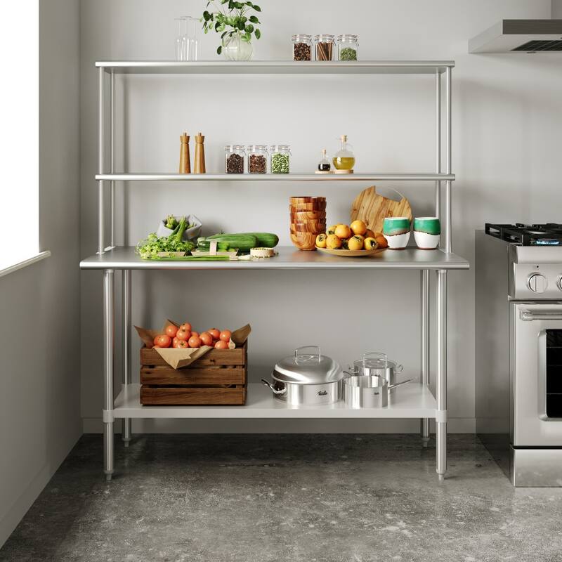 Commercial Stainless Steel Worktable with 2 Overshelves and 1 Undershef