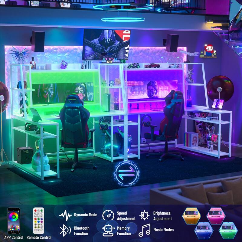 Ultimate L-Shape Gaming Desk with Hutch & Shelves, Reversible Computer Desk with LED Lights & Charging Station