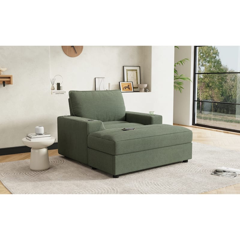 Roomfitters Oversized Chaise Lounge Chair with Storage Ottoman and Built-in USB Charging Port, Corduroy Sleeper Couch