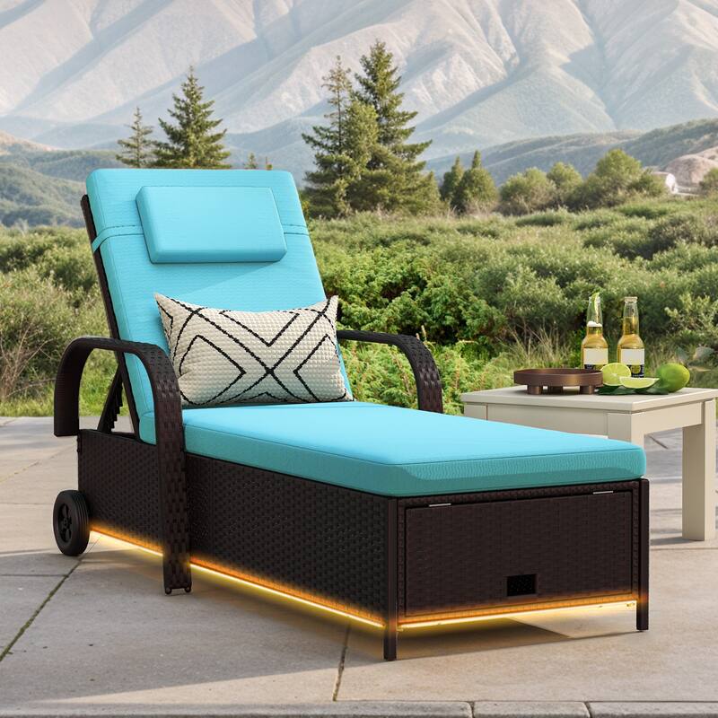 Wicker Chaise Lounge With Storage Space And LED Lights - Brown