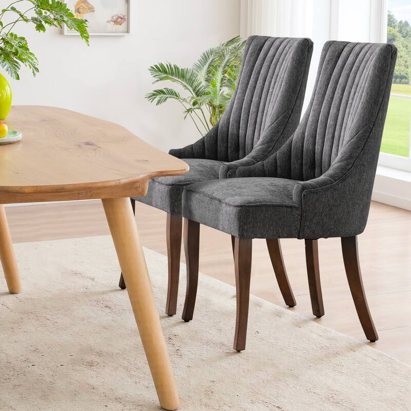 Vintage Linen Upholstered Dining Chairs Set of 2 with Channel Tufted Back & Solid Wood Legs