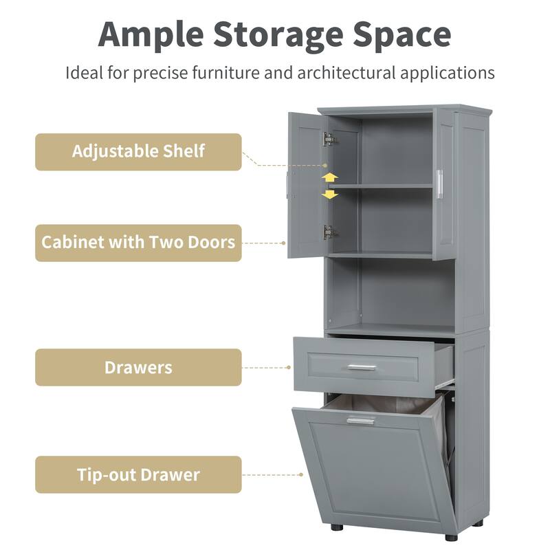 Tall Bathroom Linen Tower with Cabinet, Drawer and Hamper