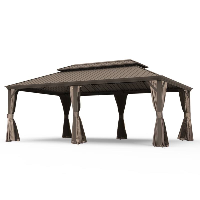 Domi Hardtop Gazebo with Galvanized Steel Double Roof and Aluminum Frame - 14’x24’ - DarkBrown