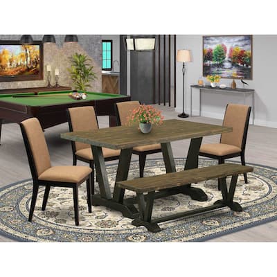 HomeStock 6-Piece Rectangle Distressed Jacobean Finish Solid Wood Top Dining Table with 1-Bench, 4-Chairs