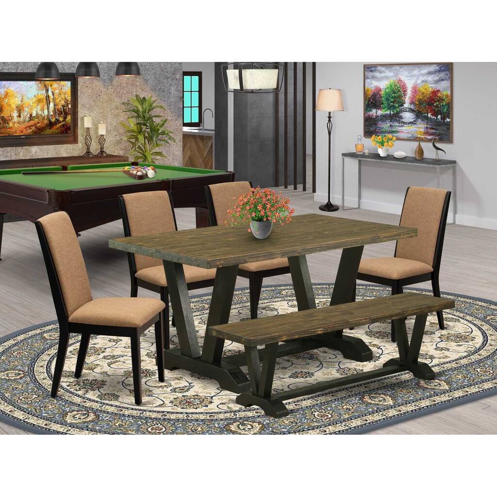 HomeStock 6-Piece Rectangle Distressed Jacobean Finish Solid Wood Top Dining Table with 1-Bench, 4-Chairs