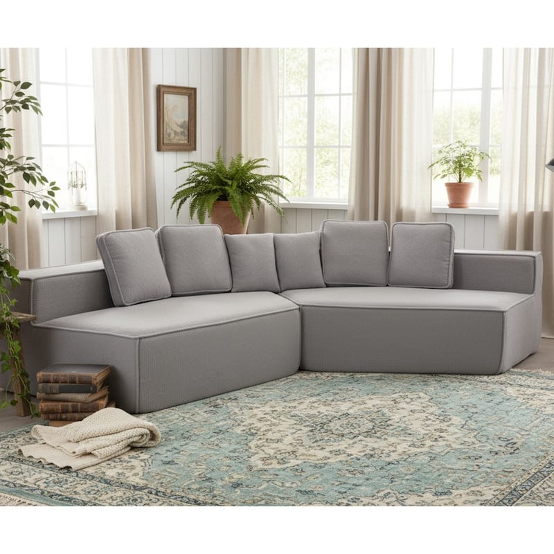 132"Oversized Teddy Fabric Modular Sectional Sofa,Full-Foam Cushion Design with Ultra Soft Feel with Six Cushions - Grey