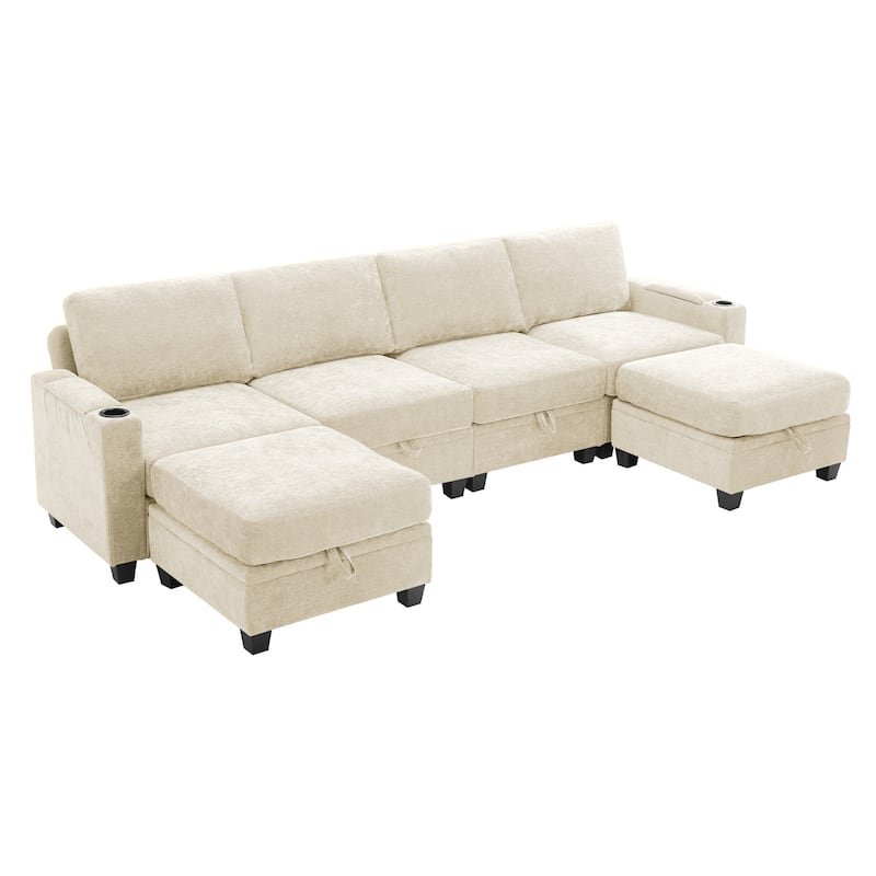 U-shaped Chenille Sectional Modular Sofa with 2 Ottomans & Storage Inside - Marzipan White