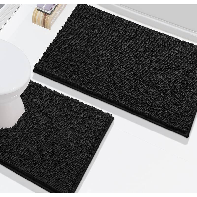 2 Piece Set Black Soft Cozy Plush Chenille Bath Mat Bathroom Rug - Black - 30"x20"R+20"x20"U