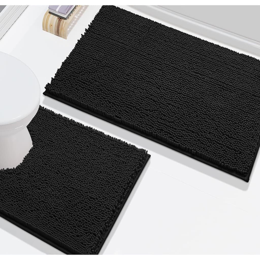 2 Piece Set Black Soft Cozy Plush Chenille Bath Mat Bathroom Rug