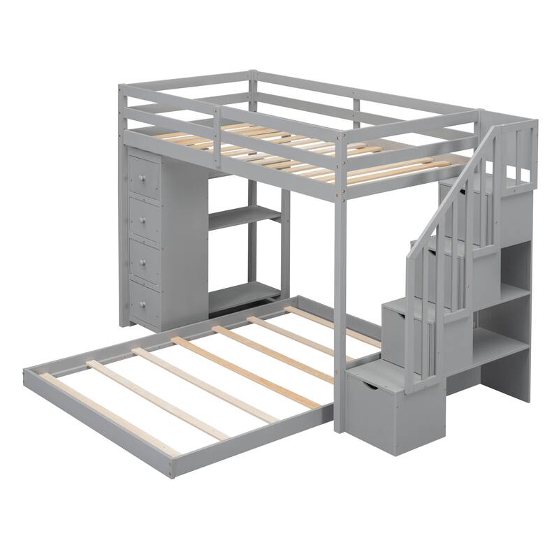 Twin Over Full Bunk Bed with Stairs and Storage, Wooden L-Shape Floor Bunk Beds with 4 Drawers and 3-Layer Shelves for Bedroom
