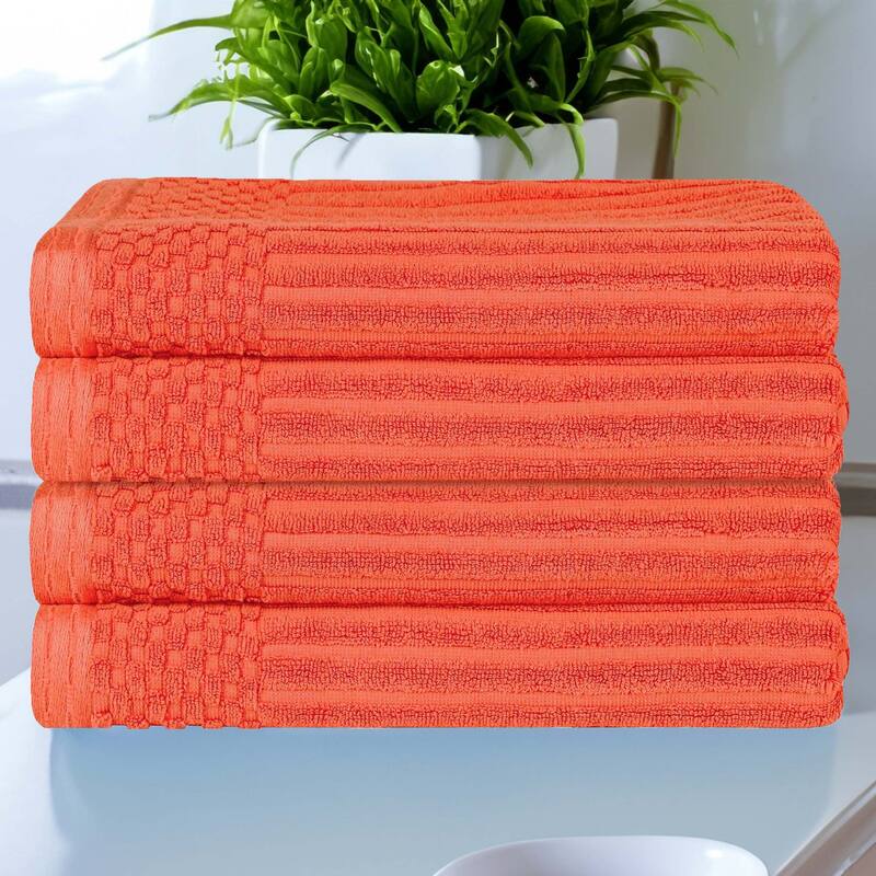 Superior Ribbed Cotton Absorbent Heavyweight Bath Towel Set - 4PC Bath Towels - Coral Orange