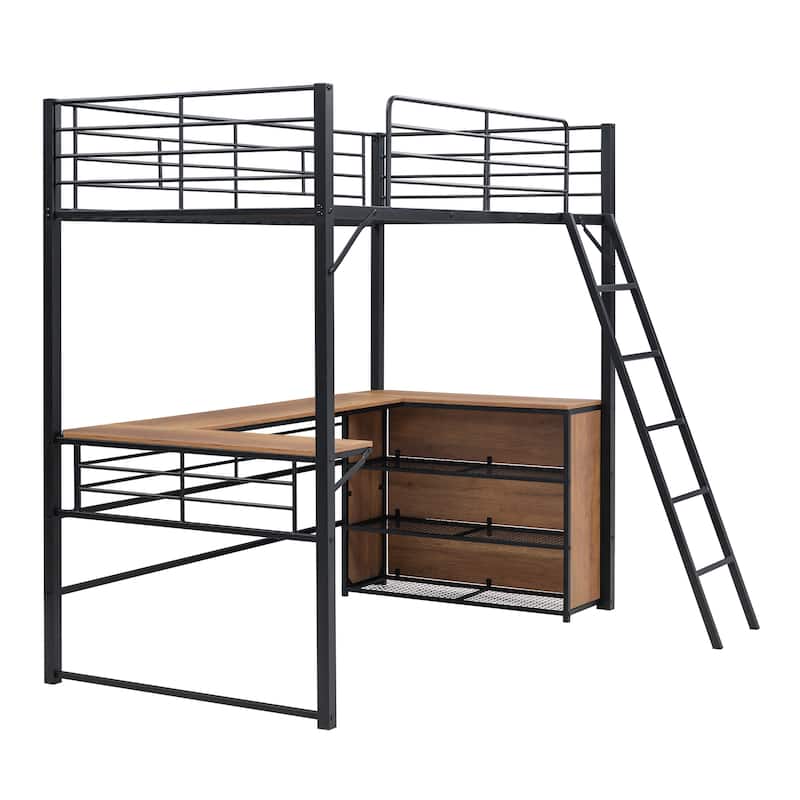Metal Loft Bed with 3 Layers of Shelves and L-shaped Desk