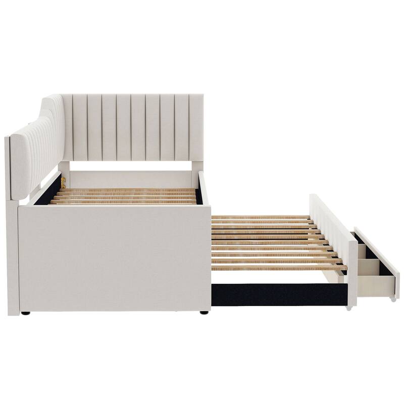 Twin Size Daybed Bed Frame with Linen Upholstered Backrest and Three Drawers, Pull-out Trundle Bed w/Slatted Support