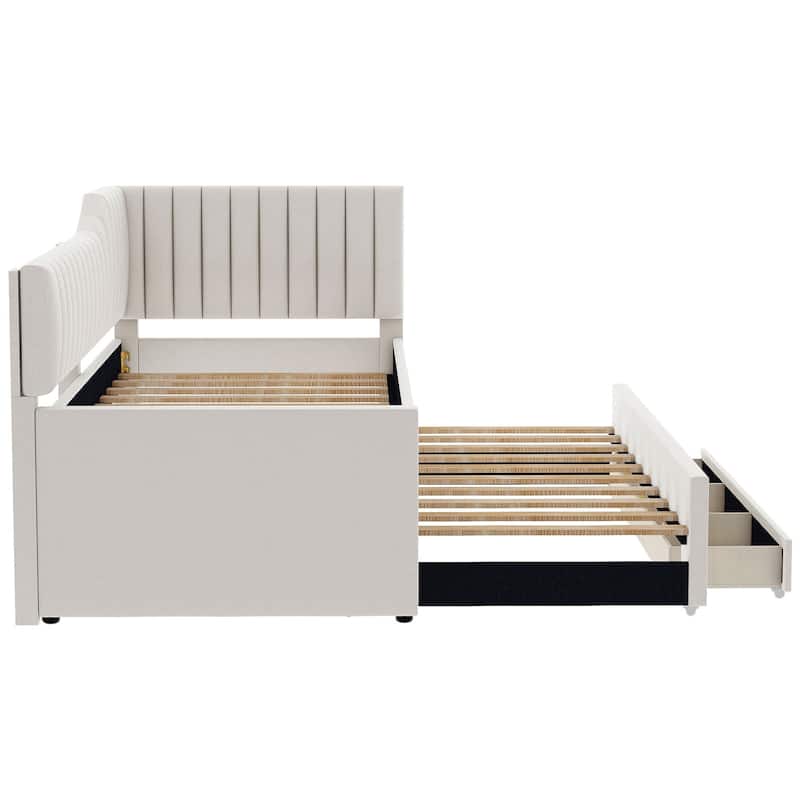 Twin Size Linen Daybed with Trundle and 3 Storage Drawers and Multi-Functional Upholstered Bed (250lbs Capacity)
