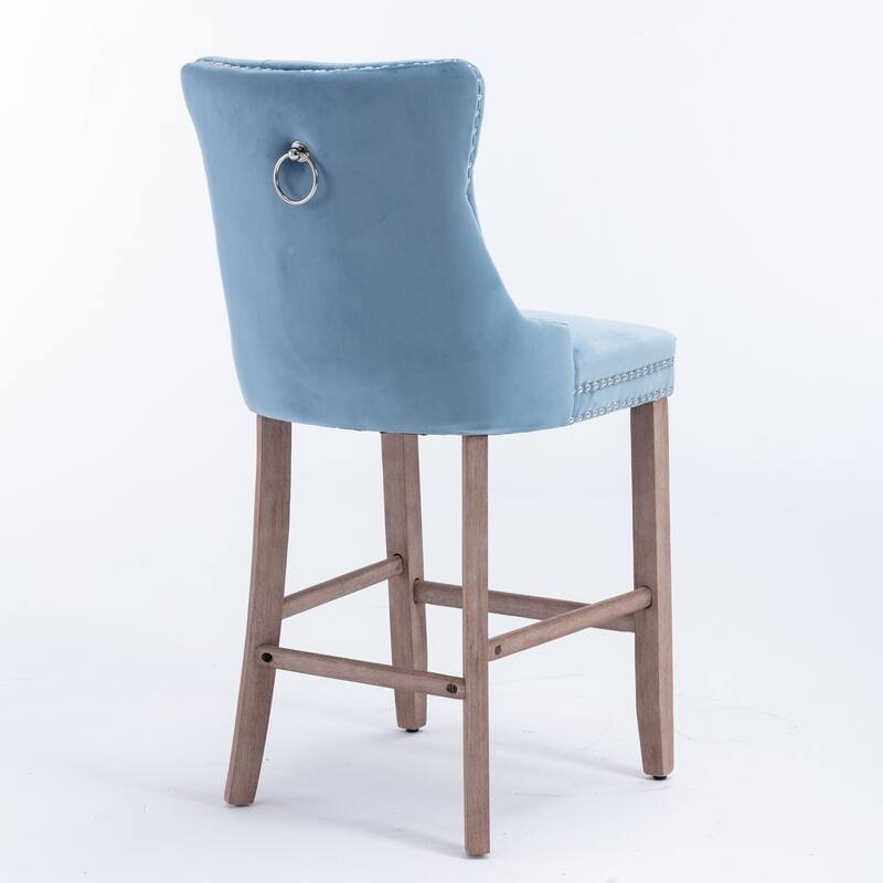 2 Velvet Upholstered Barstools with Button Tufted and Wooden Legs, and Chrome Nailhead Trim - N/A