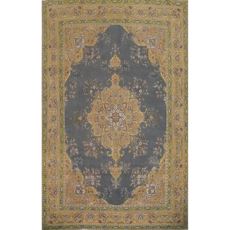 Hand Knotted Oriental 100% Wool Carpet Traditional Floral Greys & Charcoal Tabriz Area Rug - 12' 8'' X 9' 4''