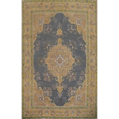 Hand Knotted Oriental 100% Wool Carpet Traditional Floral Greys & Charcoal Tabriz Area Rug - 12' 8'' X 9' 4''