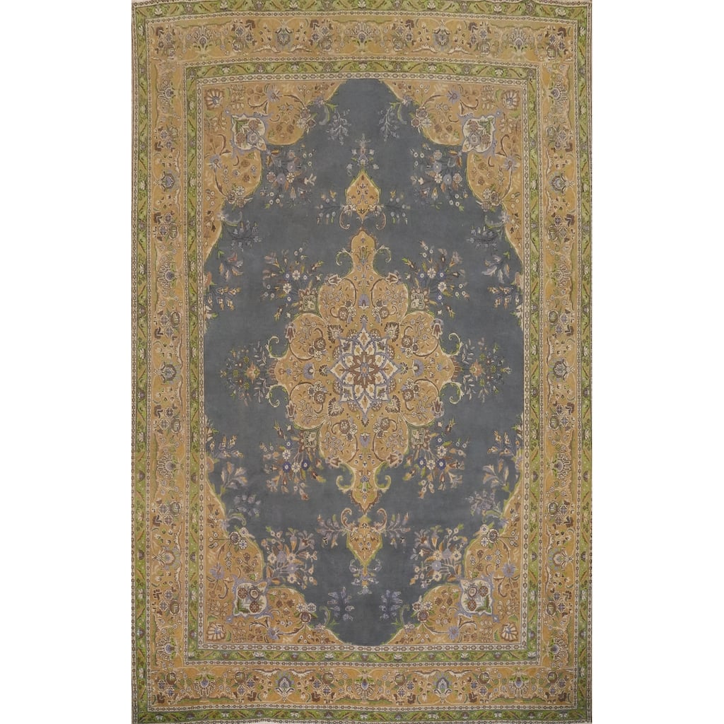 Hand Knotted Oriental 100% Wool Carpet Traditional Floral Greys & Charcoal Tabriz Area Rug - 12' 8'' X 9' 4''